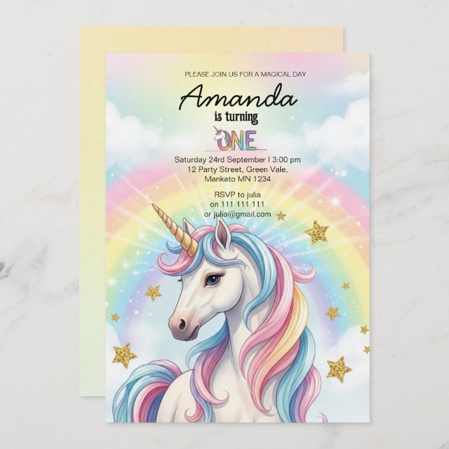 Unicorn Magical Birthday Party Invitation Card (Front/Back)