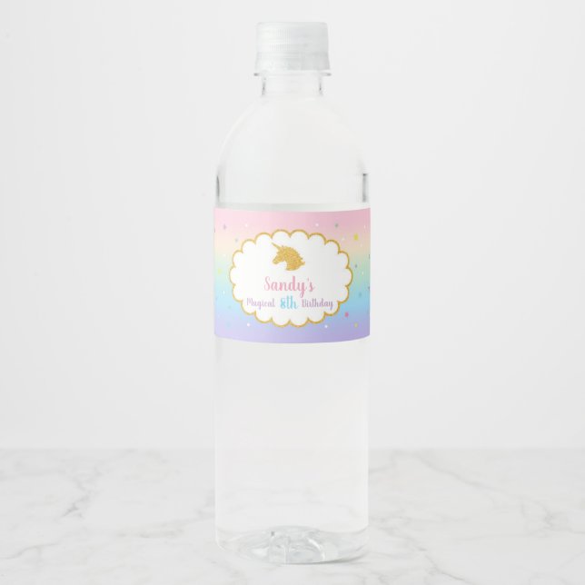 Unicorn Magical Birthday Party Water Bottle Label (Front)