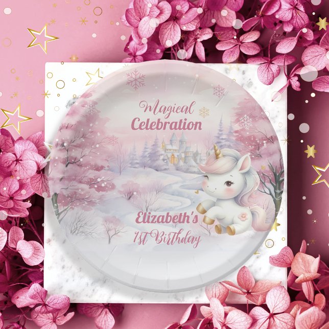 Unicorn Magical Celebration 1st Birthday Party Paper Plate (Unicorn Pink Magical Celebration Mythical Creature Girl's 1st Birthday Party Paper Plates)