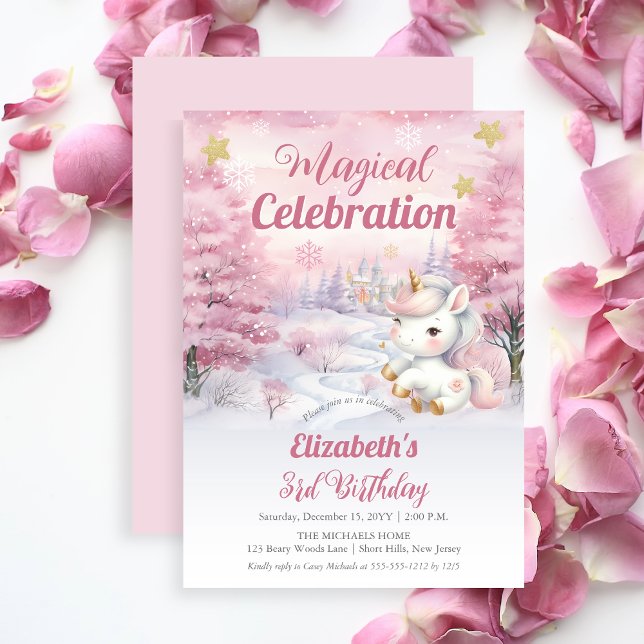 Unicorn Magical Celebration 3rd Birthday Party Invitation (Unicorn Pink Magical Celebration Mythical Creature Girl's 3rd Birthday Party Invitation)