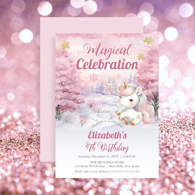 Unicorn Magical Celebration 4th Birthday Party Invitation (Unicorn Pink Magical Celebration Mythical Creature Girl's 4th Birthday Party Invitation)