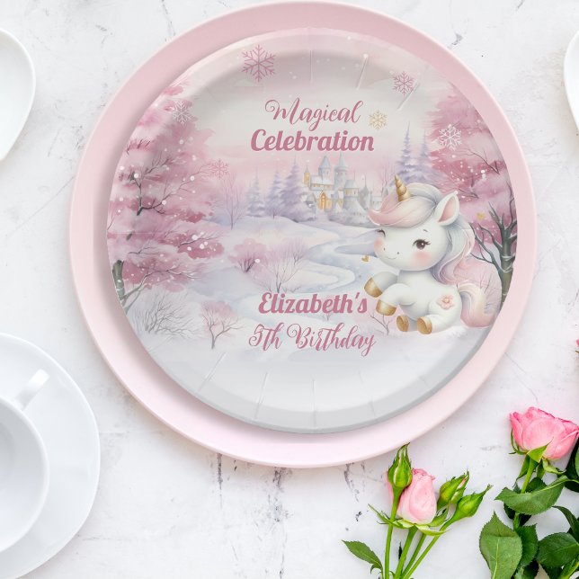 Unicorn Magical Celebration 5th Birthday Party Paper Plate (Unicorn Pink Magical Celebration Mythical Creature Girl's 5th Birthday Party Paper Plates)