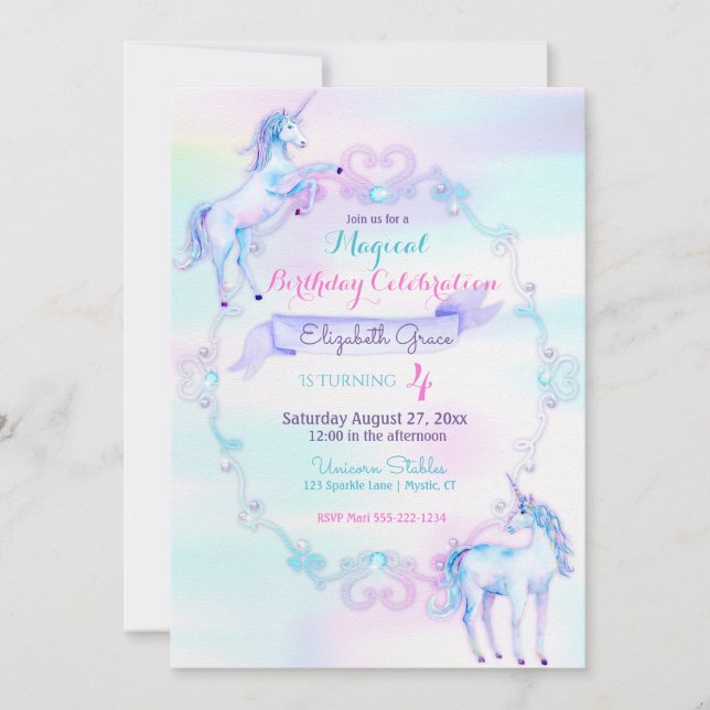 Unicorn Magical Fantasy Rainbow Aqua Pink Lavender Invitation (Front)