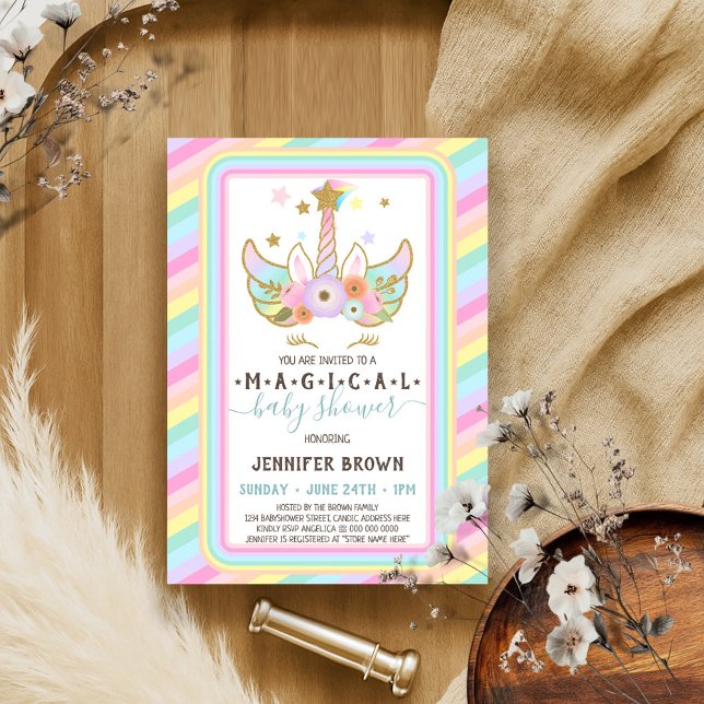 Unicorn Magical Glitter Stars Rainbow Stripe Invitation (Creator Uploaded)