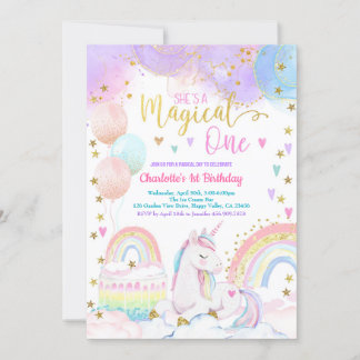 Unicorn Magical One Girl 1st Birthday Party Pastel Invitation