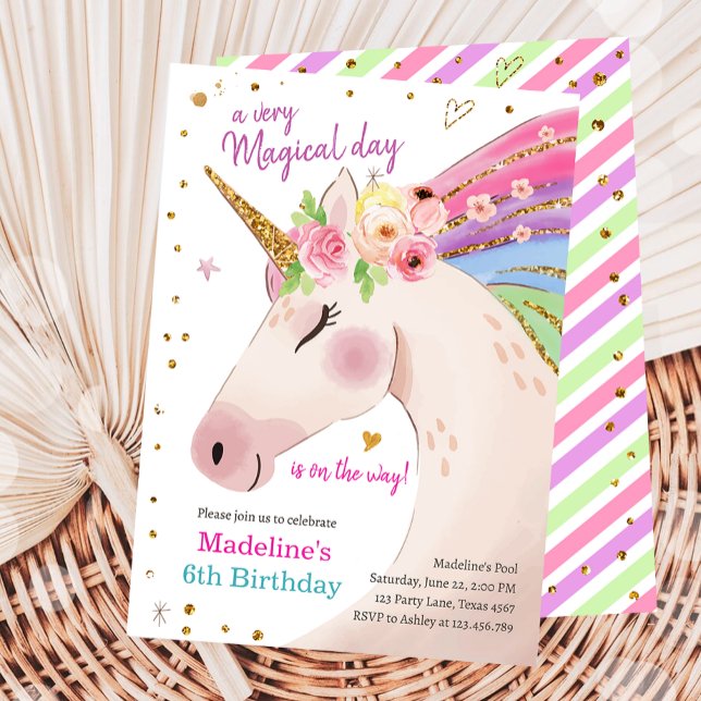 Unicorn Magical Pink Gold Rainbow Girl Birthday Invitation (Creator Uploaded)
