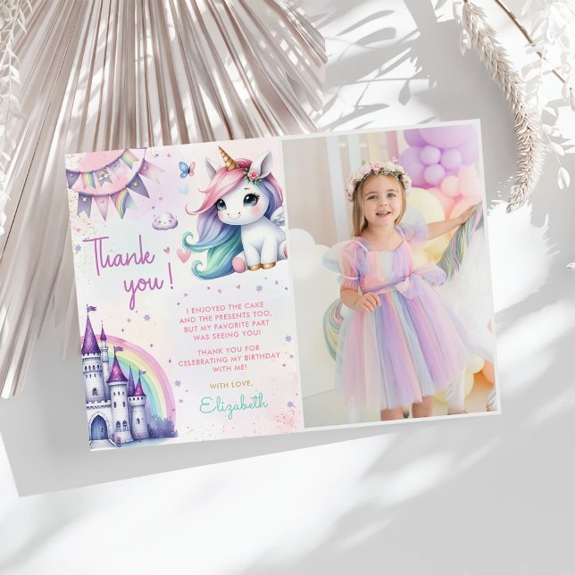 Unicorn Magical Rainbow Birthday Photo Thank You Card (Creator Uploaded)