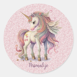 Unicorn Magical Rainbow Colours Pink Glitter Classic Round Sticker