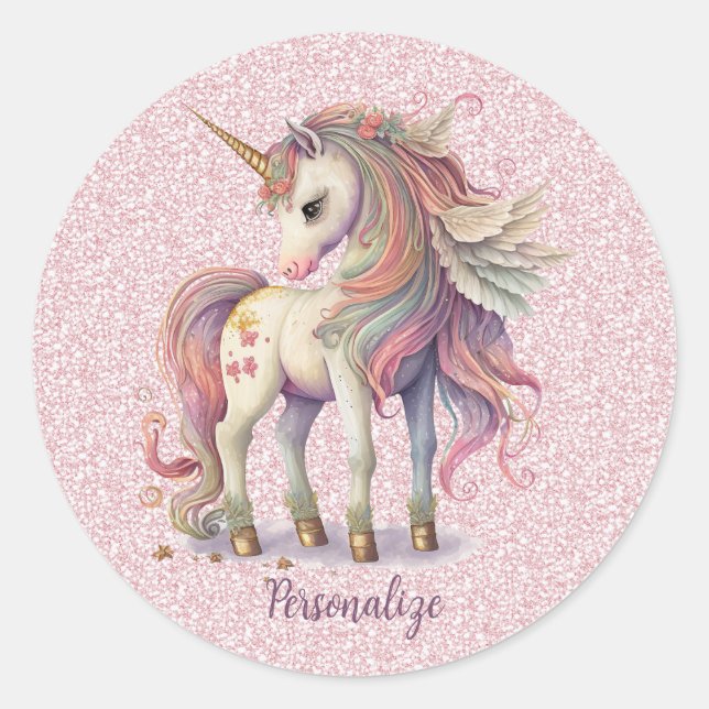 Unicorn Magical Rainbow Colours Pink Glitter Classic Round Sticker (Front)