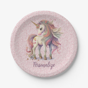 Unicorn Magical Rainbow Colours Pink Glitter Paper Plate