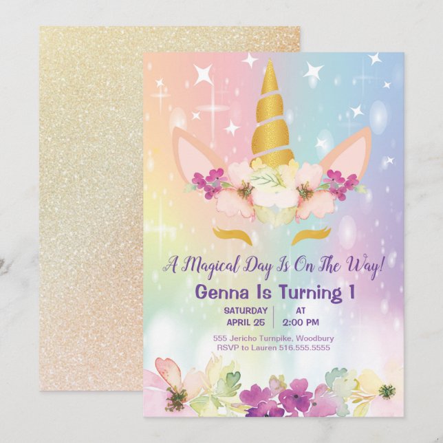 Unicorn Magical Rainbow Faux Gold 1st Birthday Invitation (Front/Back)