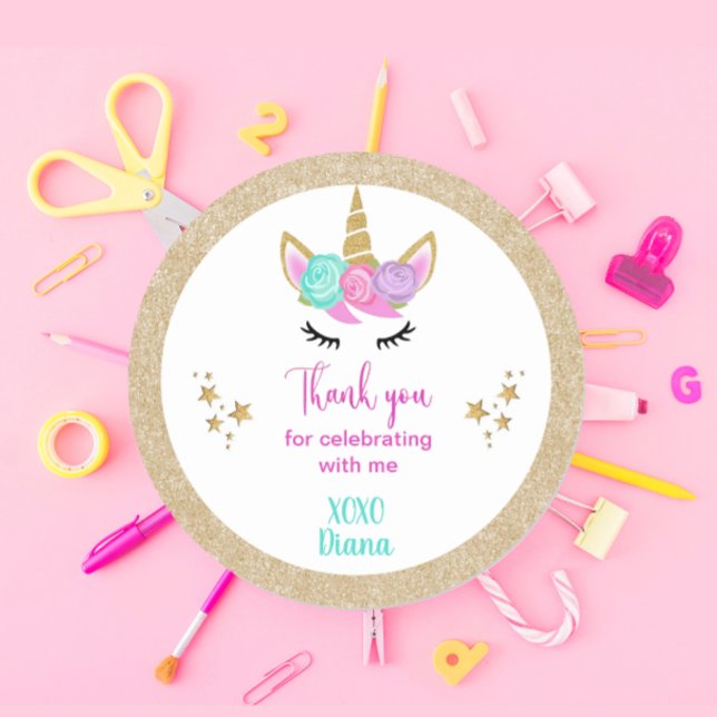 Unicorn magical Rainbow Thank you Party Classic Round Sticker (Creator Uploaded)
