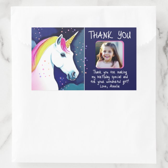Unicorn Magical Star Girl Photo Birthday Thank You Rectangular Sticker (Bag)
