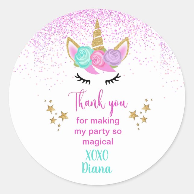 Unicorn magical Thank you Party  Classic Round Sticker (Front)