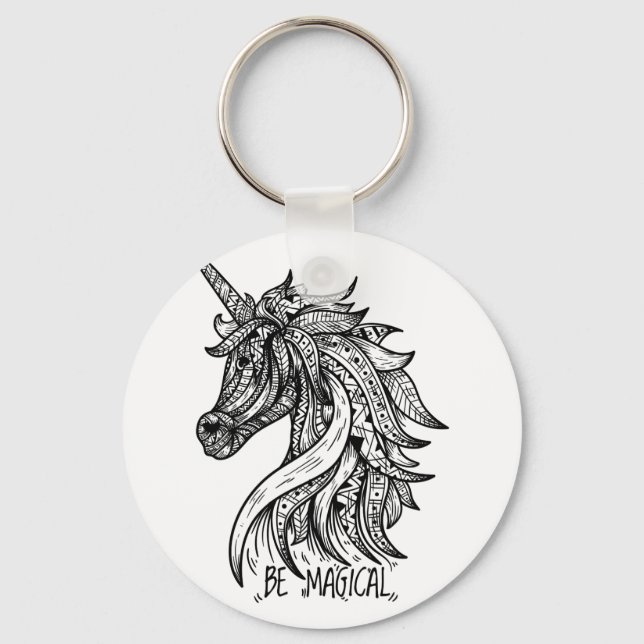 Unicorn Mandala Henna Doodle Black White Cool Key Ring (Front)
