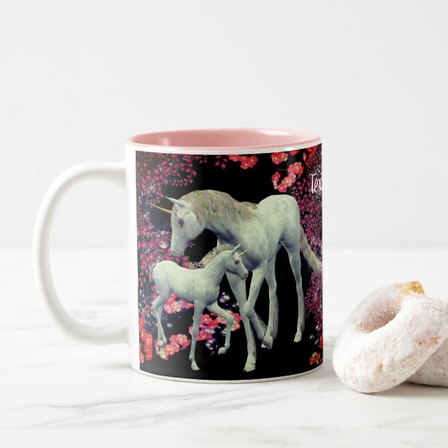 Unicorn Mare And Foal Fantasy Personalised  Two-Tone Coffee Mug (With Donut)
