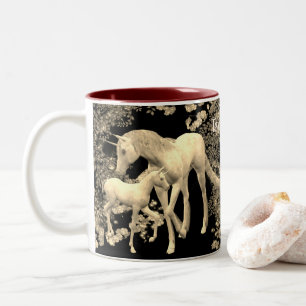 Unicorn Mare And Foal Sepia Fantasy Personalized Two-Tone Coffee Mug