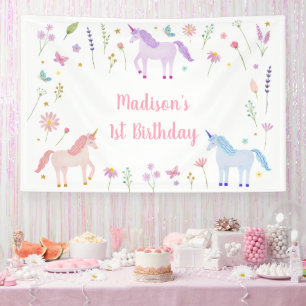 Unicorn Meadow Pastel Pink Gold Birthday Banner