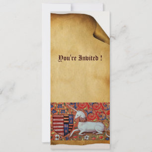 UNICORN MEDIEVAL FANTASY FLOWERS,FLORAL PARCHMENT INVITATION