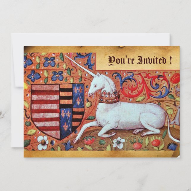 UNICORN MEDIEVAL FANTASY FLOWERS,FLORAL PARCHMENT INVITATION (Front)