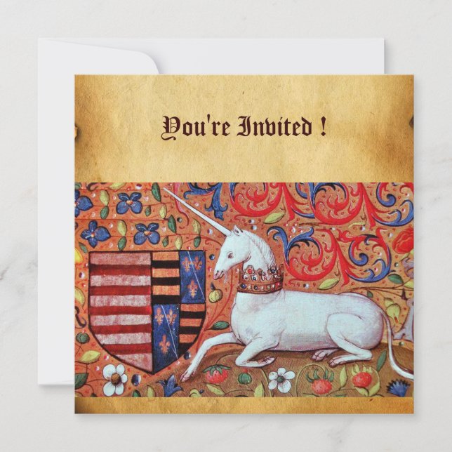 UNICORN MEDIEVAL FANTASY FLOWERS,FLORAL PARCHMENT INVITATION (Front)