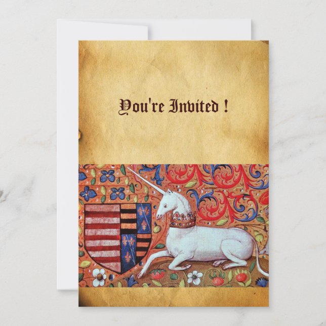 UNICORN MEDIEVAL FANTASY FLOWERS,FLORAL PARCHMENT INVITATION (Front)