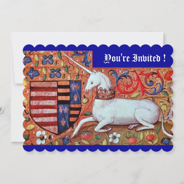 UNICORN MEDIEVAL FANTASY FLOWERS,RED BLUE FLORAL INVITATION (Front)
