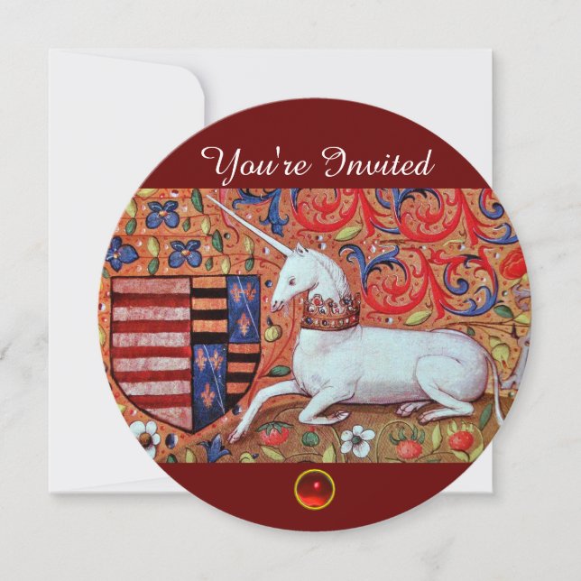 UNICORN MEDIEVAL FANTASY FLOWERS,RED WHITE FLORAL INVITATION (Front)