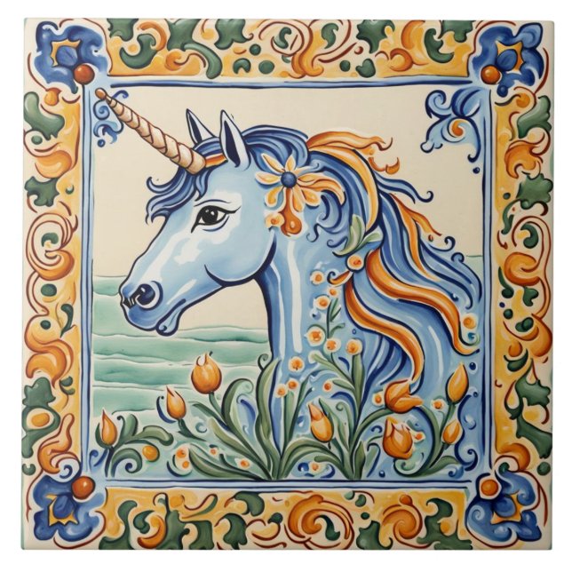 Unicorn Mediterranean Yellow & Blue Folk Floral Tile (Front)