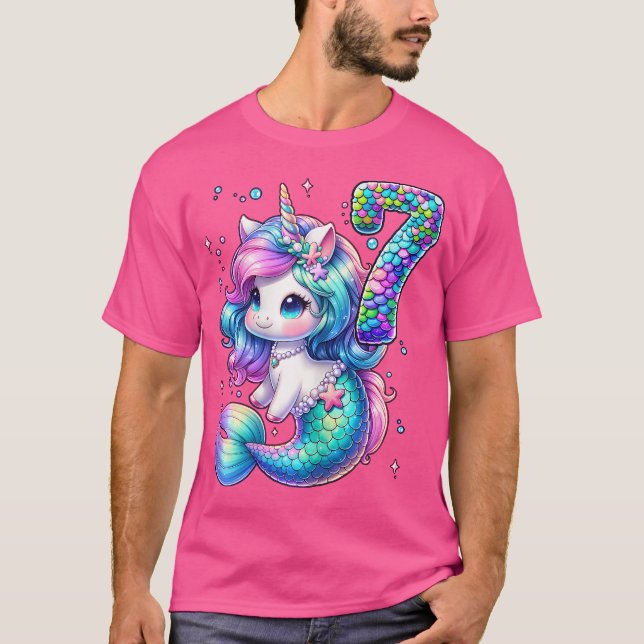 Unicorn Mermaid 7Th Birthday 7 Year Old Party Girl T-Shirt (Front)