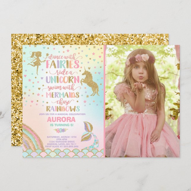 Unicorn Mermaid And Fairy Birthday Invitation (Front/Back)