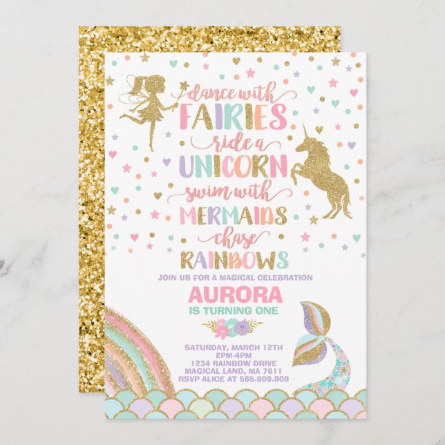 Unicorn Mermaid And Fairy Birthday Invitation (Front/Back)