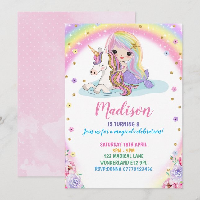 Unicorn Mermaid Birthday Invitation (Front/Back)
