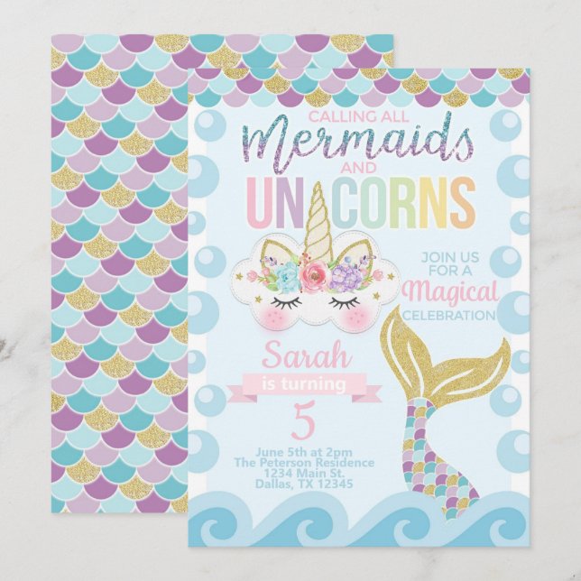 Unicorn Mermaid Birthday Party Invitation Invite (Front/Back)