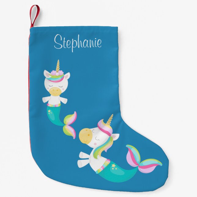 Unicorn Mermaid Cute Personalised Small Christmas Stocking (Front)