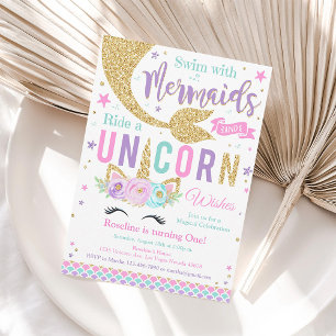 Unicorn Mermaid Kisses Wishes Birthday Invitation