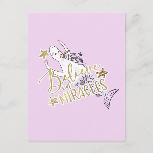 Unicorn Mermaid Modern Trendy Believe in Miracles Postcard (Front)