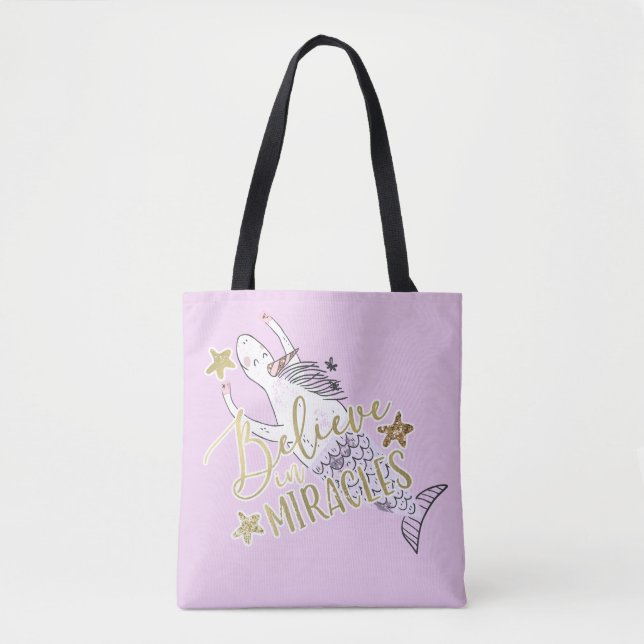 Unicorn Mermaid Modern Trendy Believe in Miracles Tote Bag (Front)