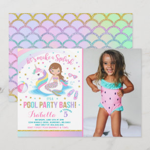 Unicorn & Mermaid Pool Party Birthday Invitation