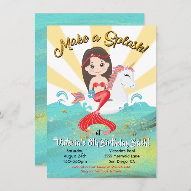 Unicorn Mermaid Pool Party Birthday Party Invitation (Front/Back)