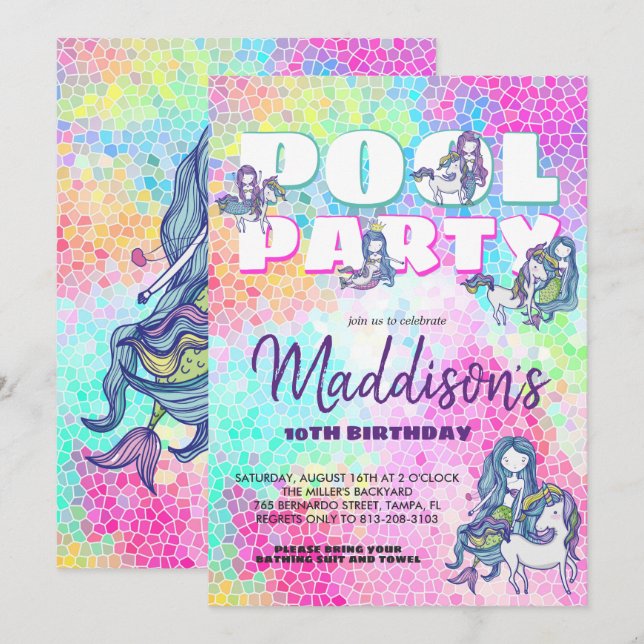Unicorn & Mermaid Pool Party Invitation (Front/Back)