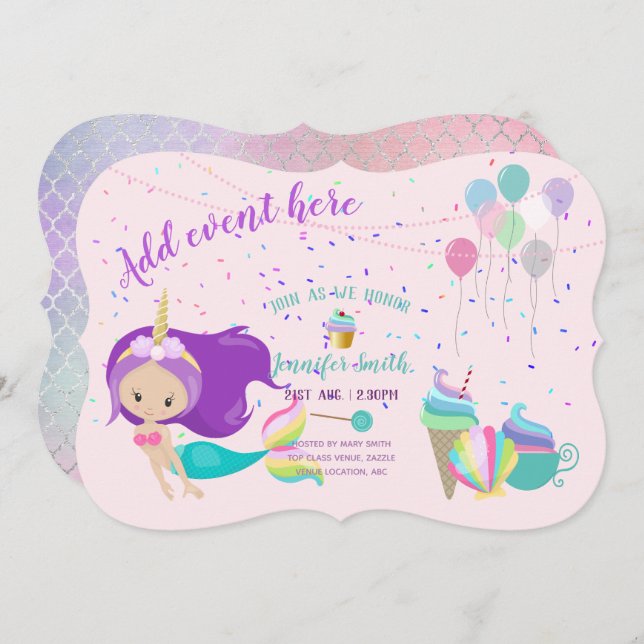 Unicorn Mermaid Princess Birthday Invitations (Front/Back)