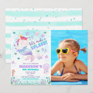 Unicorn Mermaid Under the Sea Photo Birthday  Invitation