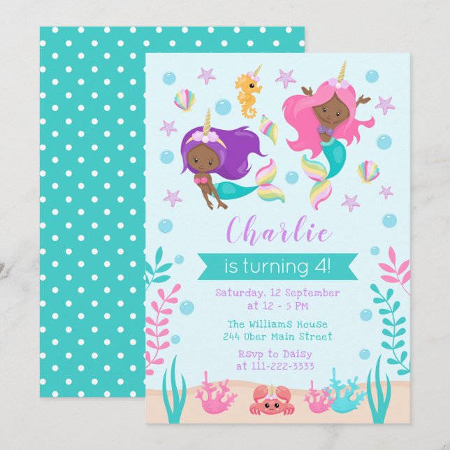 Unicorn Mermaids Birthday Dark Skin Tone Invitation (Front/Back)