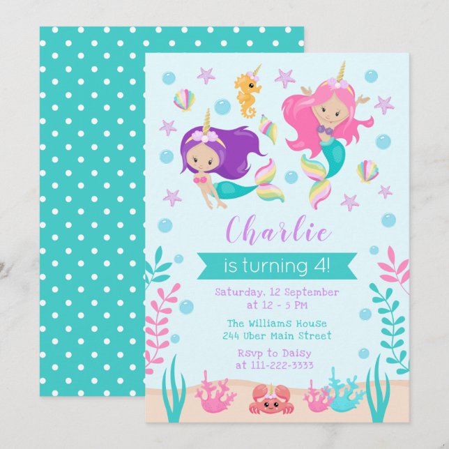 Unicorn Mermaids Birthday Light Skin Tone Invitation (Front/Back)