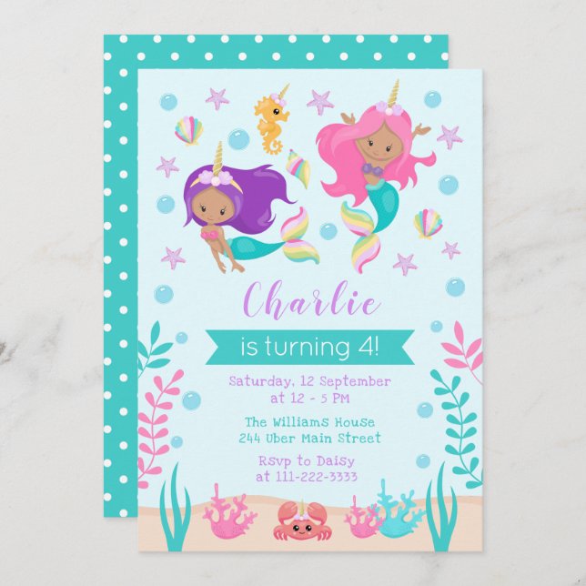 Unicorn Mermaids Birthday Medium Skin Tone Invitation (Front/Back)