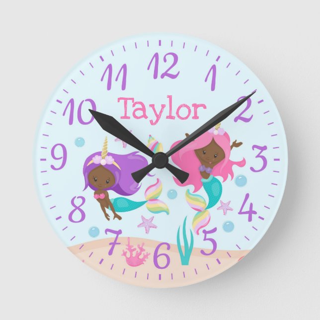 Unicorn Mermaids Kids Nursery Dark Skin Tone Round Clock (Front)