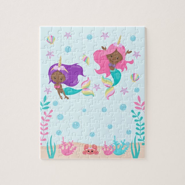 Unicorn Mermaids Under The Sea Dark Skin Tone Jigsaw Puzzle (Vertical)