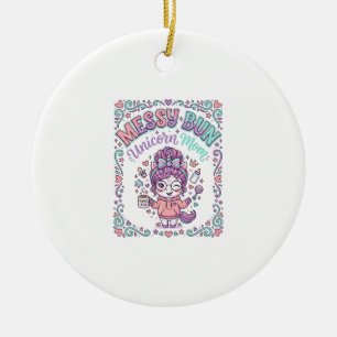 Unicorn Messy Bun Unicorn Mum Retro Style Graphic Ceramic Tree Decoration
