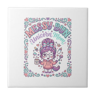Unicorn Messy Bun Unicorn Mum Retro Style Graphic Tile
